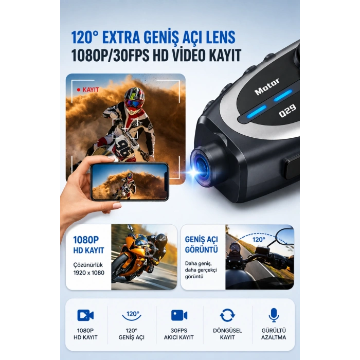 Seyu Q29 Kameralı Motosiklet Intercom Kulaklık Full HD 1080P Sürüş Kayıt Kamerası Kask Interkom Seti