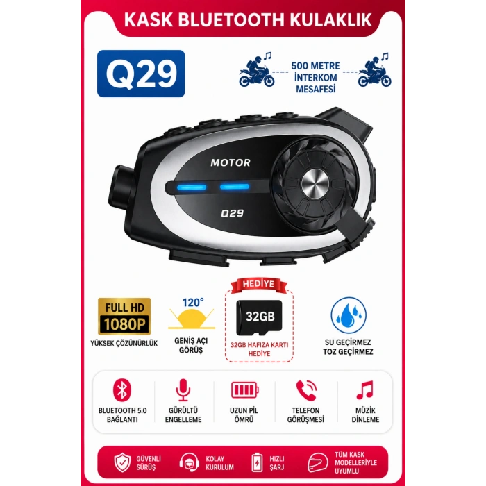 Seyu Q29 Kameralı Motosiklet Intercom Kulaklık Full HD 1080P Sürüş Kayıt Kamerası Kask Interkom Seti