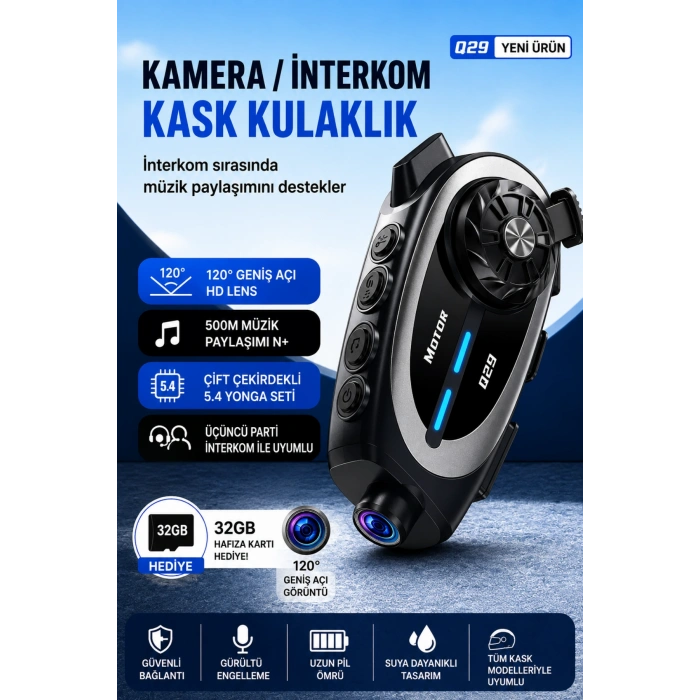 Seyu Q29 Kameralı Motosiklet Intercom Kulaklık Full HD 1080P Sürüş Kayıt Kamerası Kask Interkom Seti
