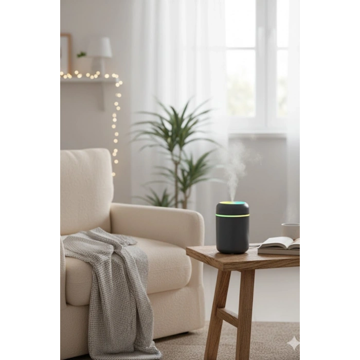 Siyah H2O USB Renkli Mini Hava Nemlendirici | LED Işıklı | 350ml Taşınabilir Oda ve Ofis Difüzörü