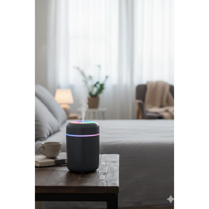 Siyah H2O USB Renkli Mini Hava Nemlendirici | LED Işıklı | 350ml Taşınabilir Oda ve Ofis Difüzörü