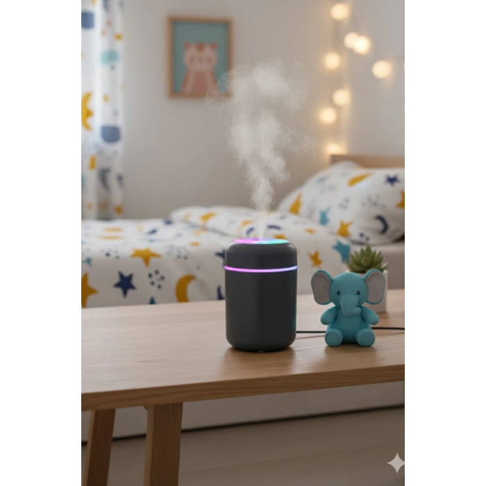 Siyah H2O USB Renkli Mini Hava Nemlendirici | LED Işıklı | 350ml Taşınabilir Oda ve Ofis Difüzörü