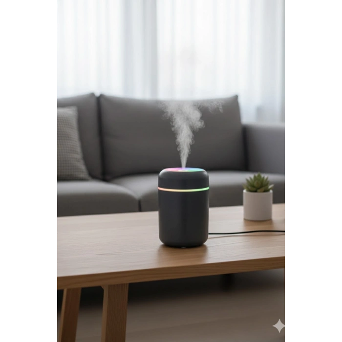 Siyah H2O USB Renkli Mini Hava Nemlendirici | LED Işıklı | 350ml Taşınabilir Oda ve Ofis Difüzörü