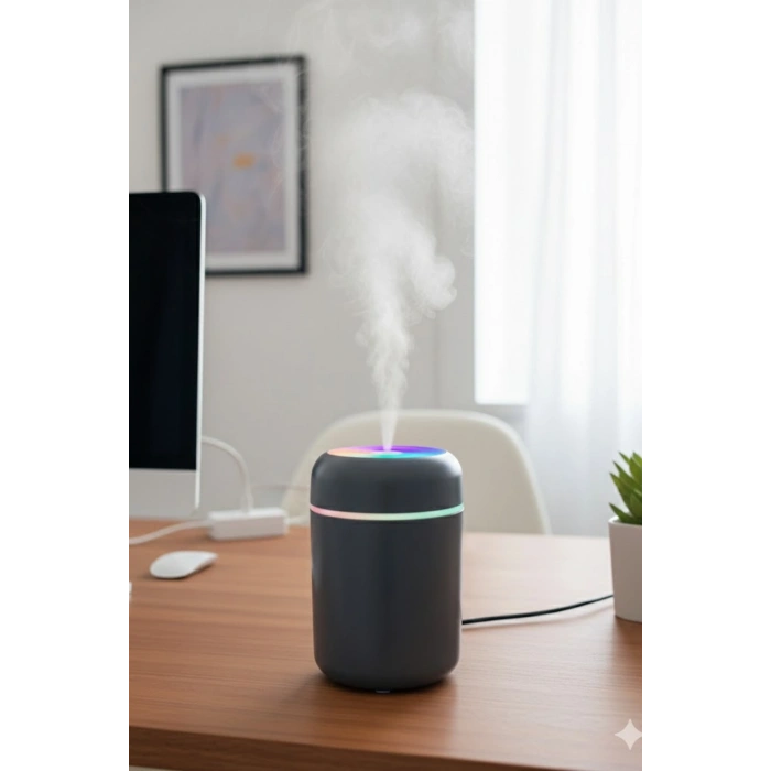 Siyah H2O USB Renkli Mini Hava Nemlendirici | LED Işıklı | 350ml Taşınabilir Oda ve Ofis Difüzörü