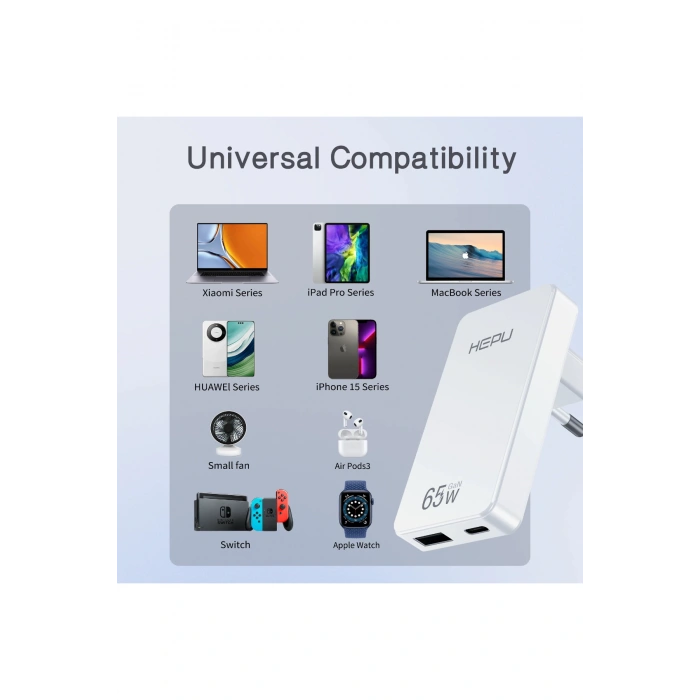 Hepu Hp-C36 Yeni Nesil 65W GAN 1 x Typ-C PD 1 x USB QC Şarj Adaptörü