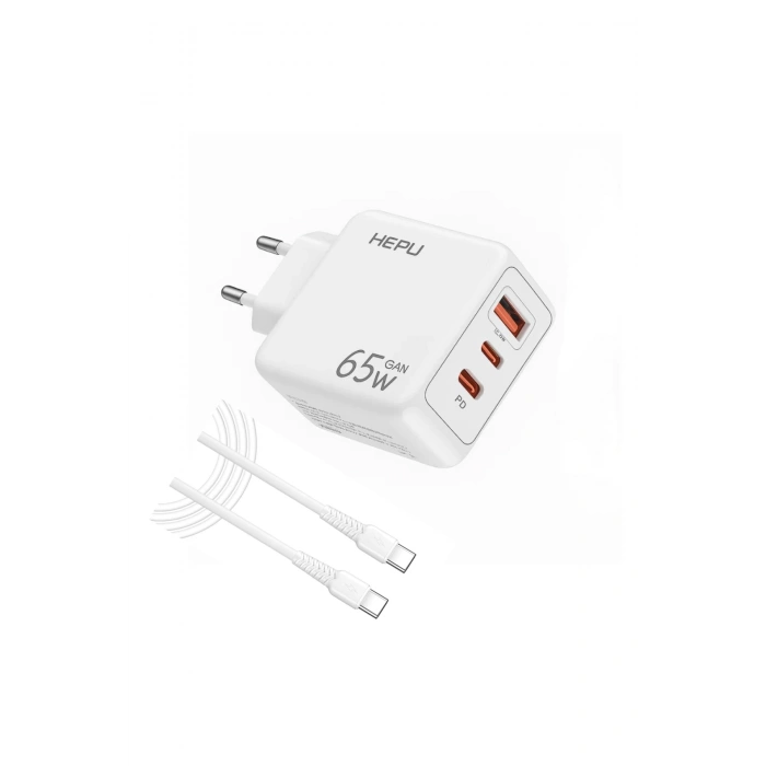 Hepu HP-C37 Yeni Nesil GAN 65W 2X Type-C USB-C PD+1X USB QC Hızlı Şarj Adaptörü