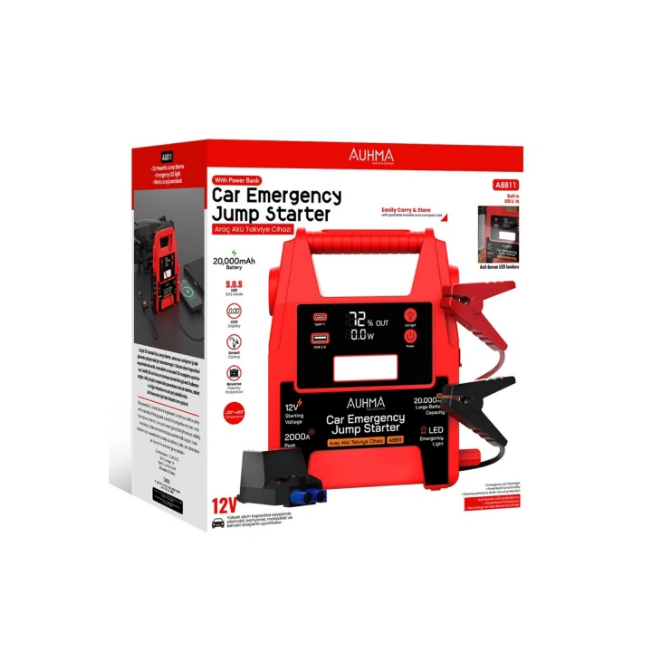 Auhma A8811 20000mAh 2000A Peak Araç Akü Takviye Cihazı & Powerbank - 12V Jump Starter