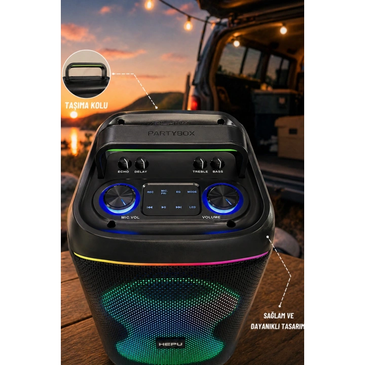 Hepu HP-S60 6000W Işıklı Karaoke Hoparlörü - Kablosuz Mikrofon Setli Parti Hoparlörü