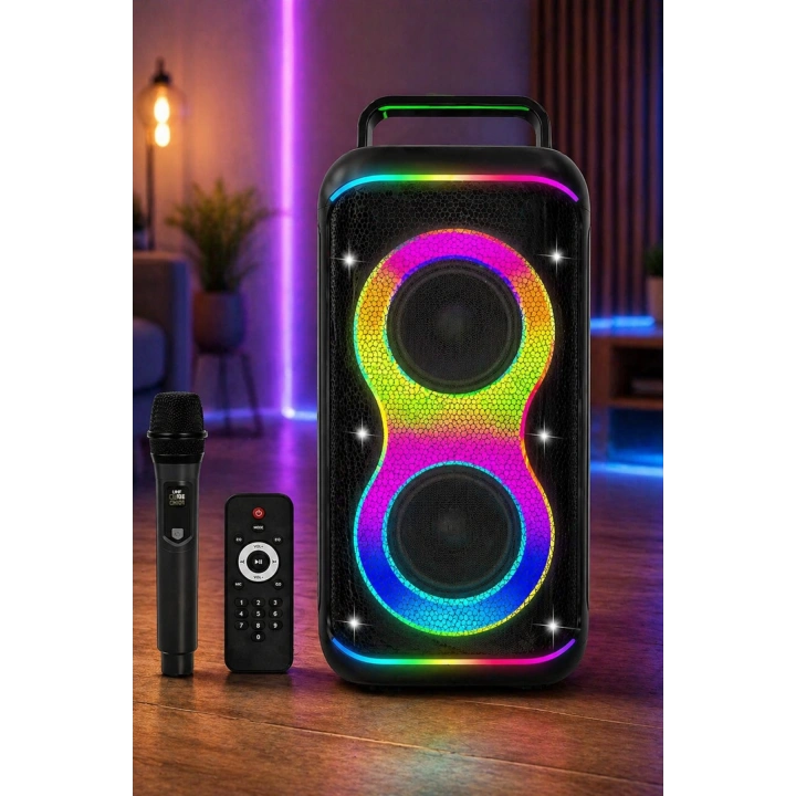 Hepu HP-S60 6000W Işıklı Karaoke Hoparlörü - Kablosuz Mikrofon Setli Parti Hoparlörü