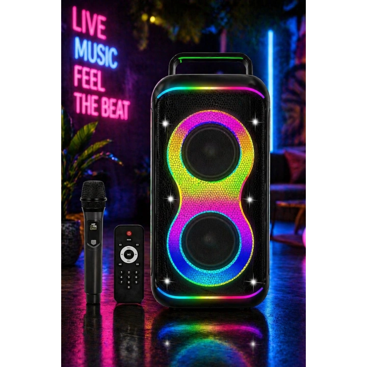 Hepu HP-S60 6000W Işıklı Karaoke Hoparlörü - Kablosuz Mikrofon Setli Parti Hoparlörü