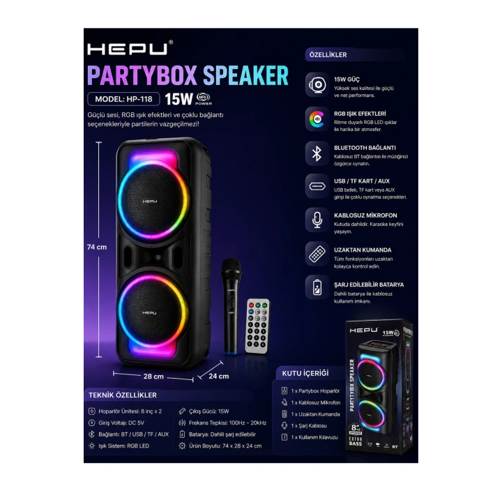 Hepu HP-118 8 İnç Bluetooth Partybox Hoparlör - 15W Işıklı, Mikrofonlu Ses Sistemi