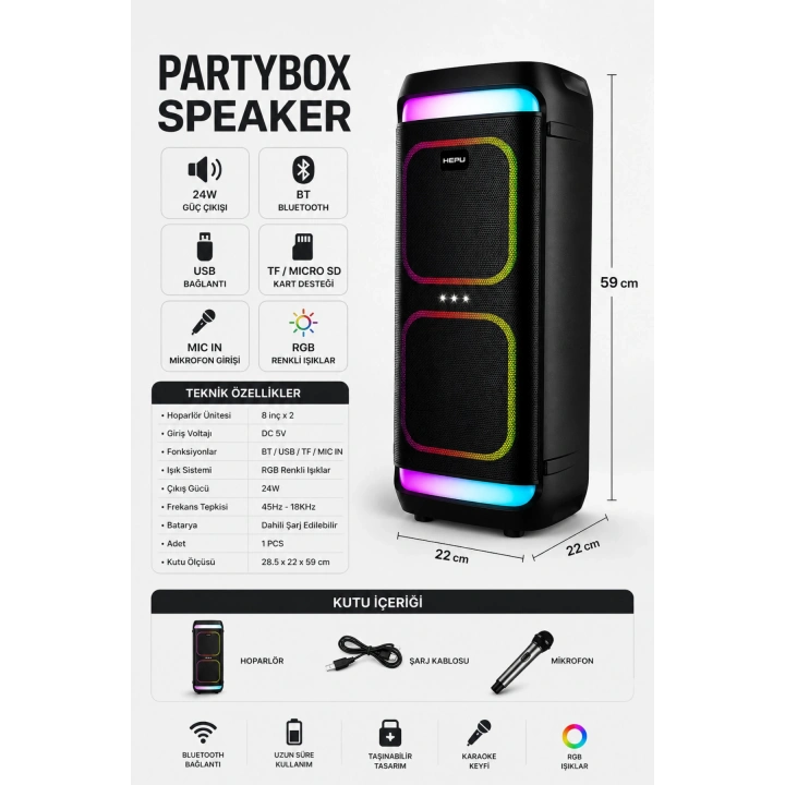 Hepu HP-986 24W Taşınabilir Partybox Hoparlör - Çift 8 Speaker Işıklı, Mikrofonlu, TWS Destekli Ses Sistemi