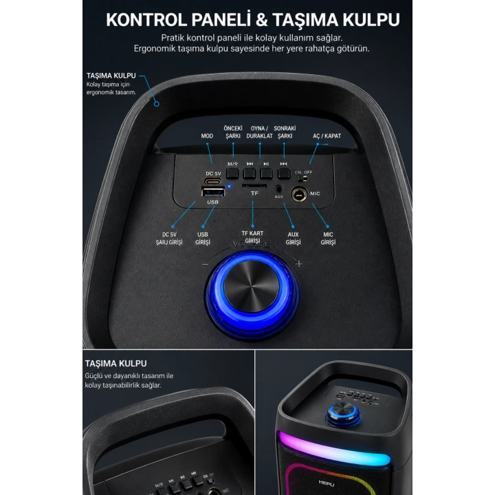 Hepu HP-986 24W Taşınabilir Partybox Hoparlör - Çift 8 Speaker Işıklı, Mikrofonlu, TWS Destekli Ses Sistemi