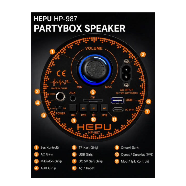 Hepu HP-987 Işıklı Parti Hoparlörü - TWS Bağlantılı & Kablolu Mikrofonlu Taşınabilir Ses Sistemi