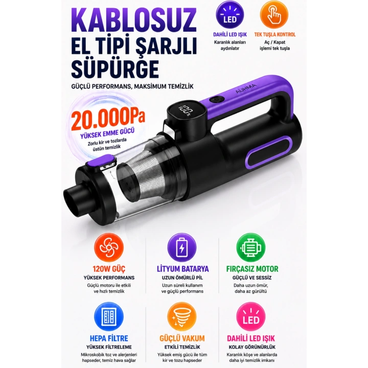 Auhma AHV-43 Şarjlı El Süpürgesi - 20.000 Pa Yüksek Emiş Gücü, 120W