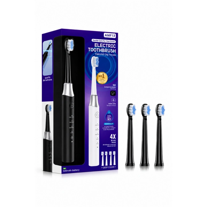 Auhma AMF13 Siyah Elektrikli Diş Fırçası Şarjlı 5 Mod IPX7 Su Geçirmez 4 Başlıklı