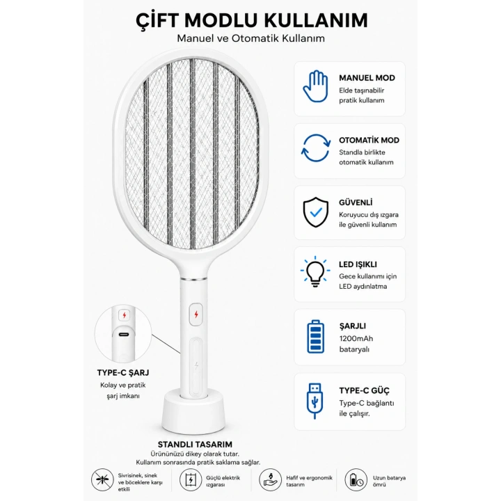 Glr LTD-718 Beyaz Elektrikli Sinek Raketi  1200mAh Bataryalı, Type-C Şarjlı, Dijital Ekranlı Sinek Öldürücü