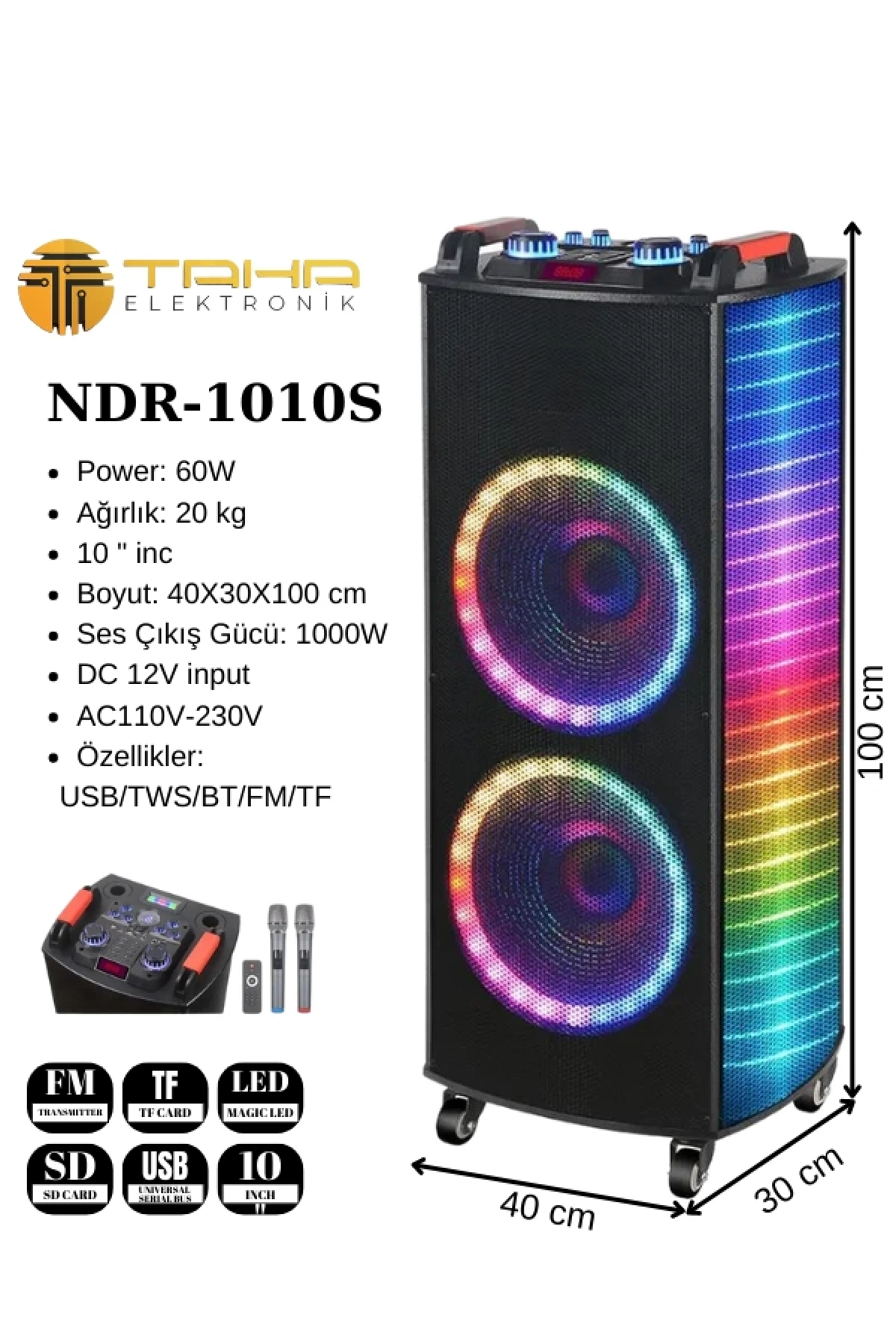 Ndr-1010S Taşınabilir 10 İnç 100w Tekerli Rgb Bluetooth Mikrofonlu Parti Hoparlör
