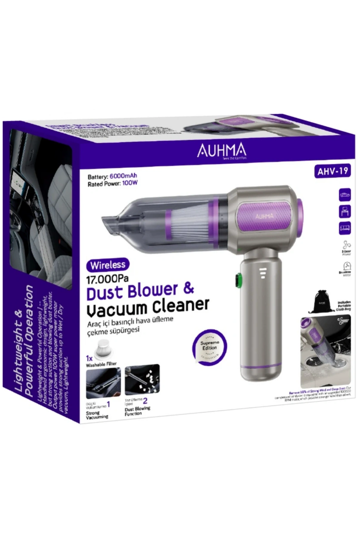 Auhma Ahv-19 Kablosuz Araç Süpürgesi ve Toz Üfleme Makinesi - 17.000 Pa Vakum Gücü - 6000mAh Batarya