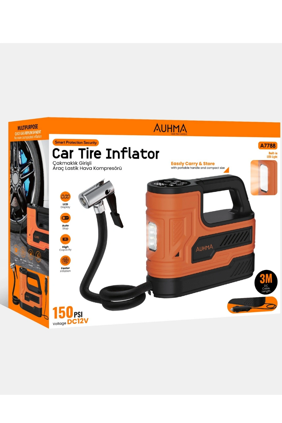 Auhma A7788 Dijital Ekranlı Taşınabilir Araç Lastik Hava Kompresörü - 150 PSI - 12V Çakmaklık Girişli