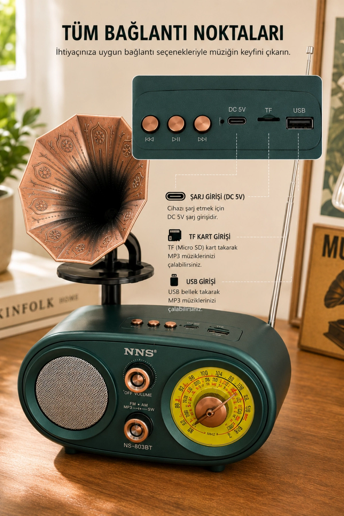 NNS NS-803BT Yeşil Retro Radyo Bluetooth Hoparlör USB TF Kart Şarjlı Nostaljik Radyo
