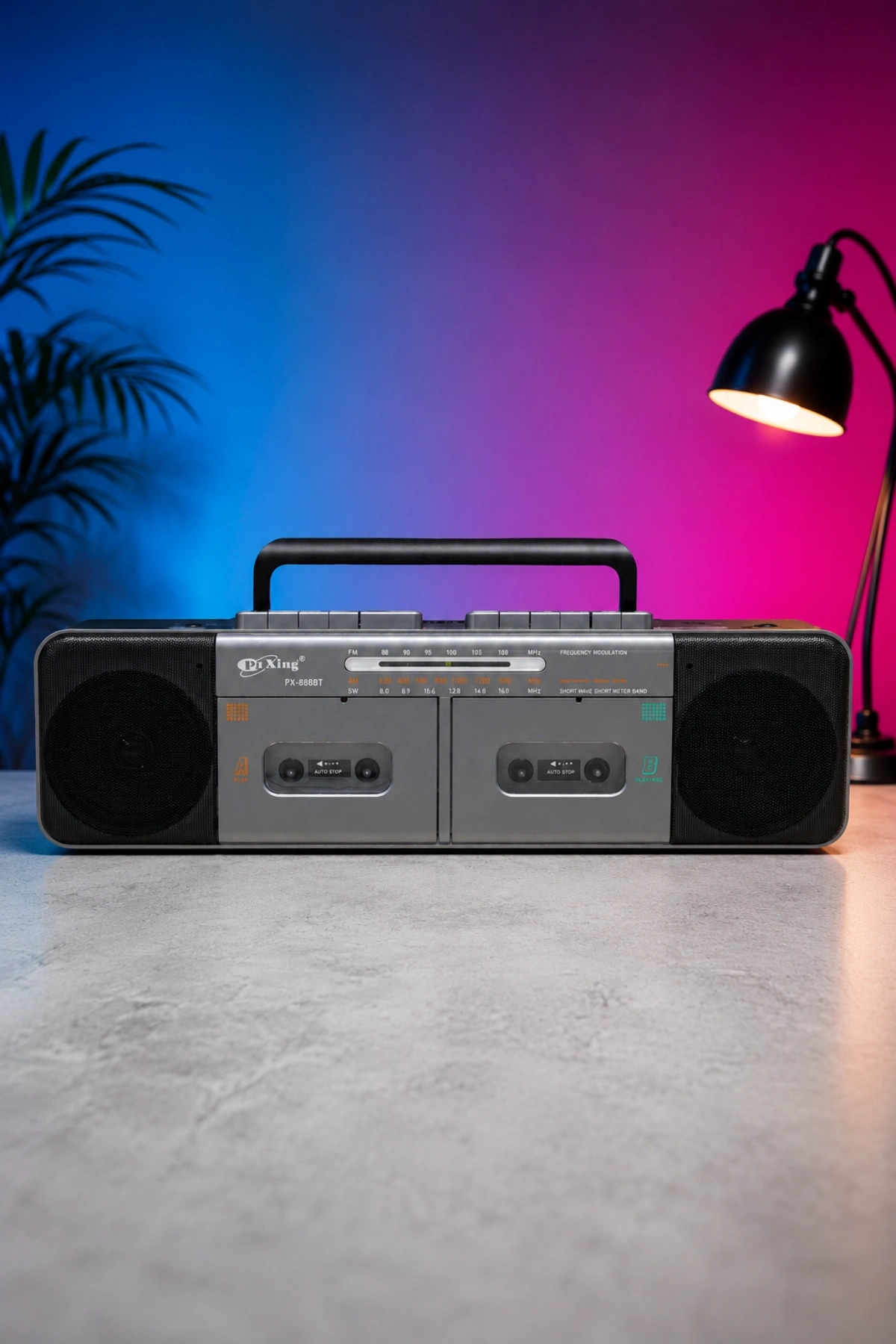 PuXing PX-888BT Gri Nostaljik Çift Kaset Çalar Radyo - Bluetooth, USB/SD, MP3 Çalar