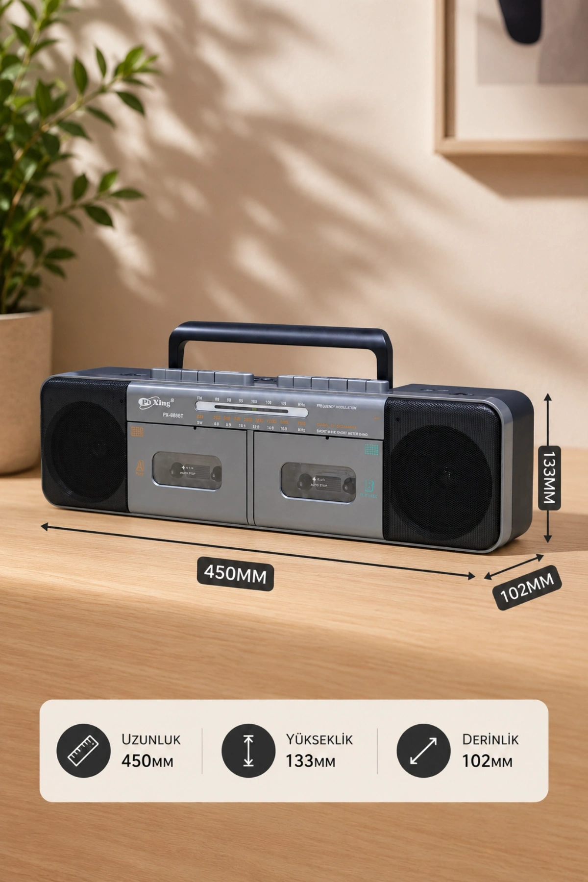 PuXing PX-888BT Gri Nostaljik Çift Kaset Çalar Radyo - Bluetooth, USB/SD, MP3 Çalar