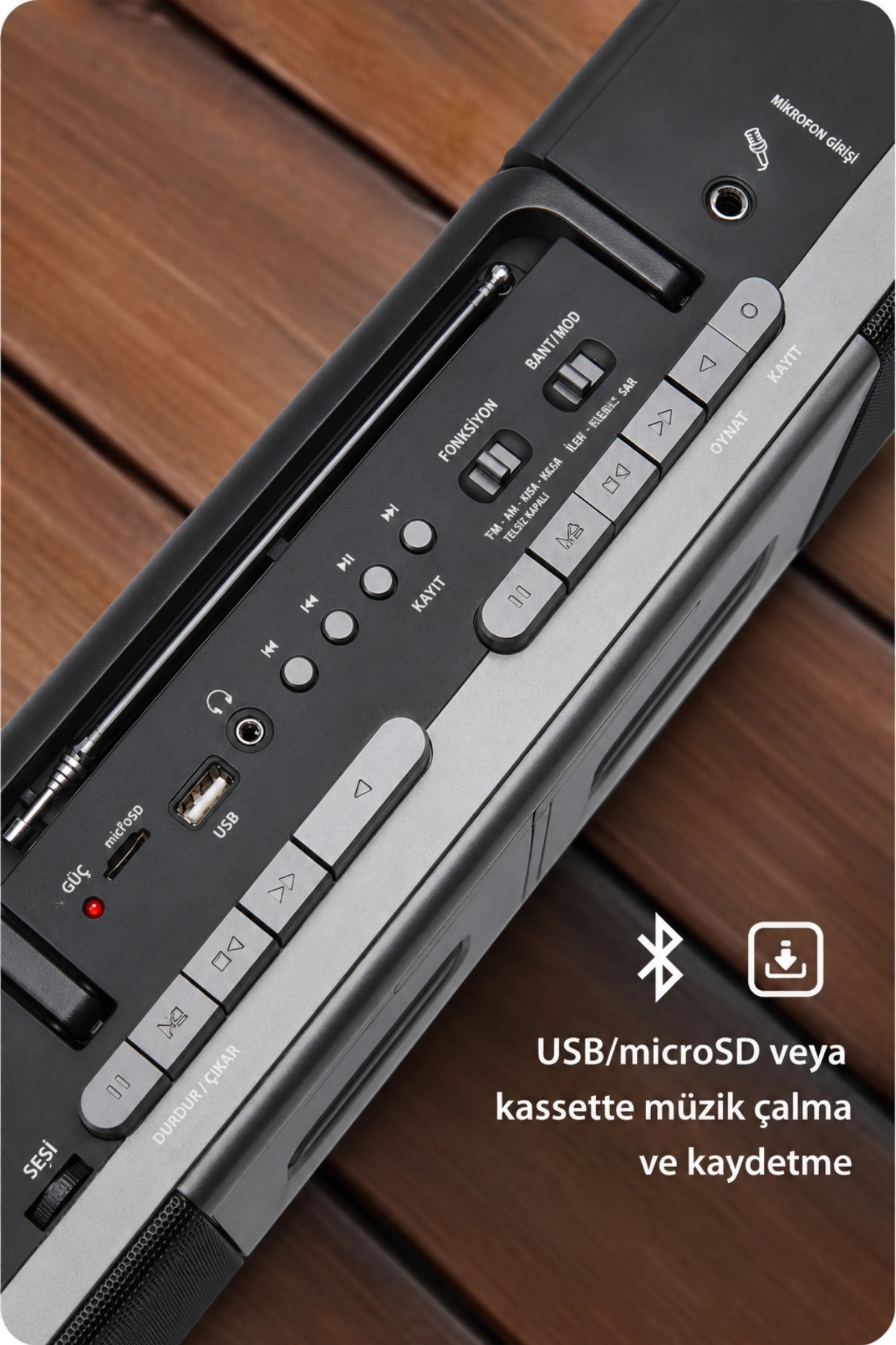 PuXing PX-888BT Gri Nostaljik Çift Kaset Çalar Radyo - Bluetooth, USB/SD, MP3 Çalar