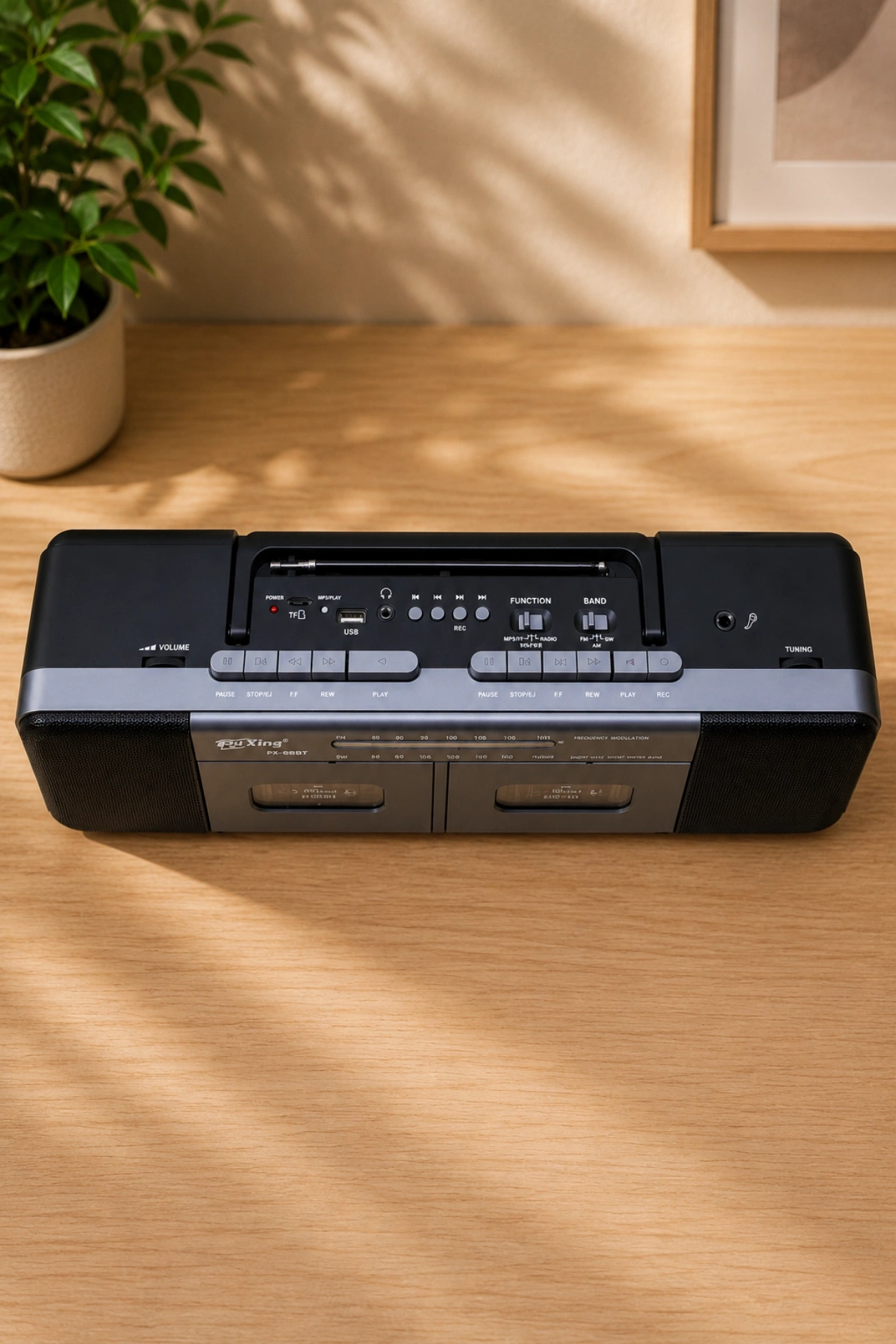 PuXing PX-888BT Gri Nostaljik Çift Kaset Çalar Radyo - Bluetooth, USB/SD, MP3 Çalar