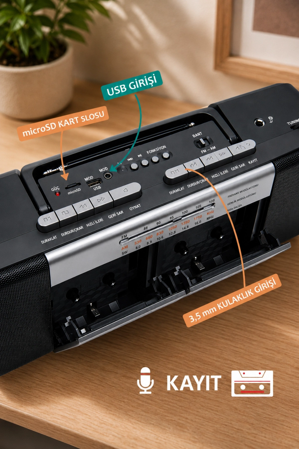 PuXing PX-888BT Gri Nostaljik Çift Kaset Çalar Radyo - Bluetooth, USB/SD, MP3 Çalar