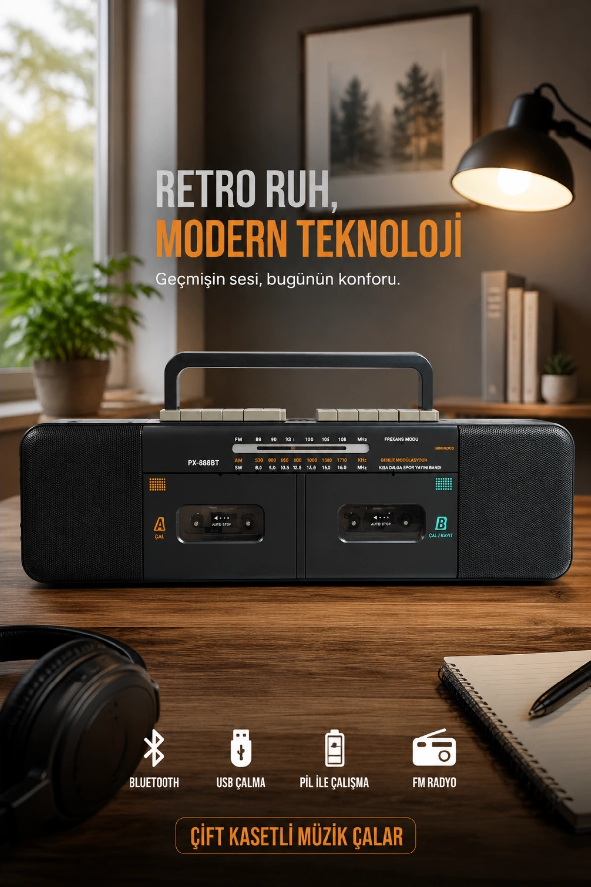 PuXing PX-888BT Siyah Nostaljik Çift Kaset Çalar Radyo - Bluetooth, USB/SD, MP3 Çalar