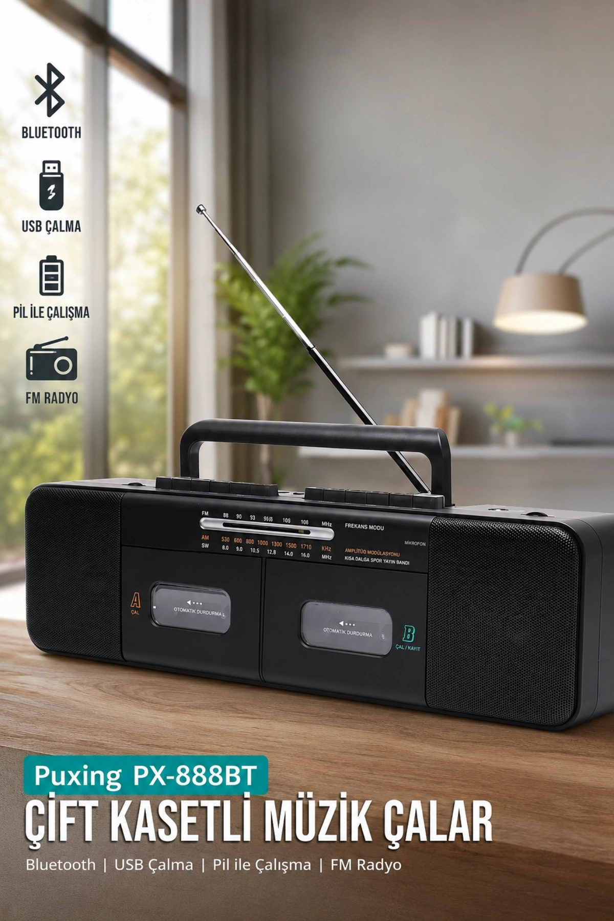 PuXing PX-888BT Siyah Nostaljik Çift Kaset Çalar Radyo - Bluetooth, USB/SD, MP3 Çalar