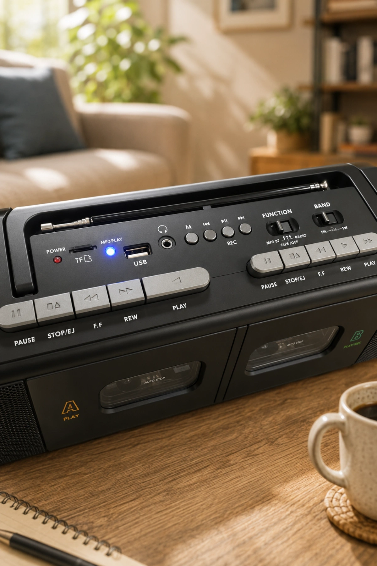 PuXing PX-888BT Siyah Nostaljik Çift Kaset Çalar Radyo - Bluetooth, USB/SD, MP3 Çalar
