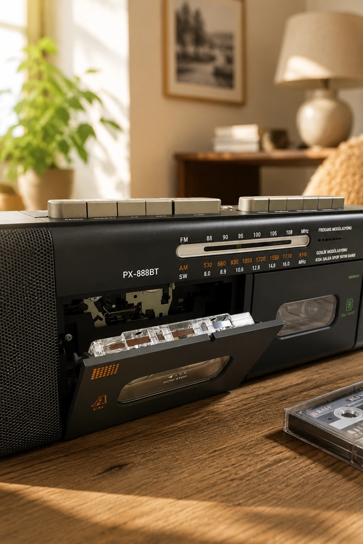PuXing PX-888BT Siyah Nostaljik Çift Kaset Çalar Radyo - Bluetooth, USB/SD, MP3 Çalar