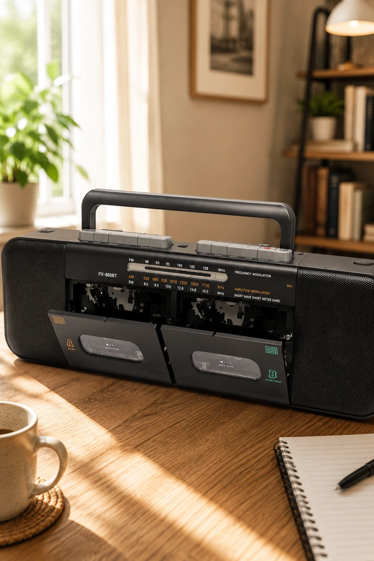PuXing PX-888BT Siyah Nostaljik Çift Kaset Çalar Radyo - Bluetooth, USB/SD, MP3 Çalar