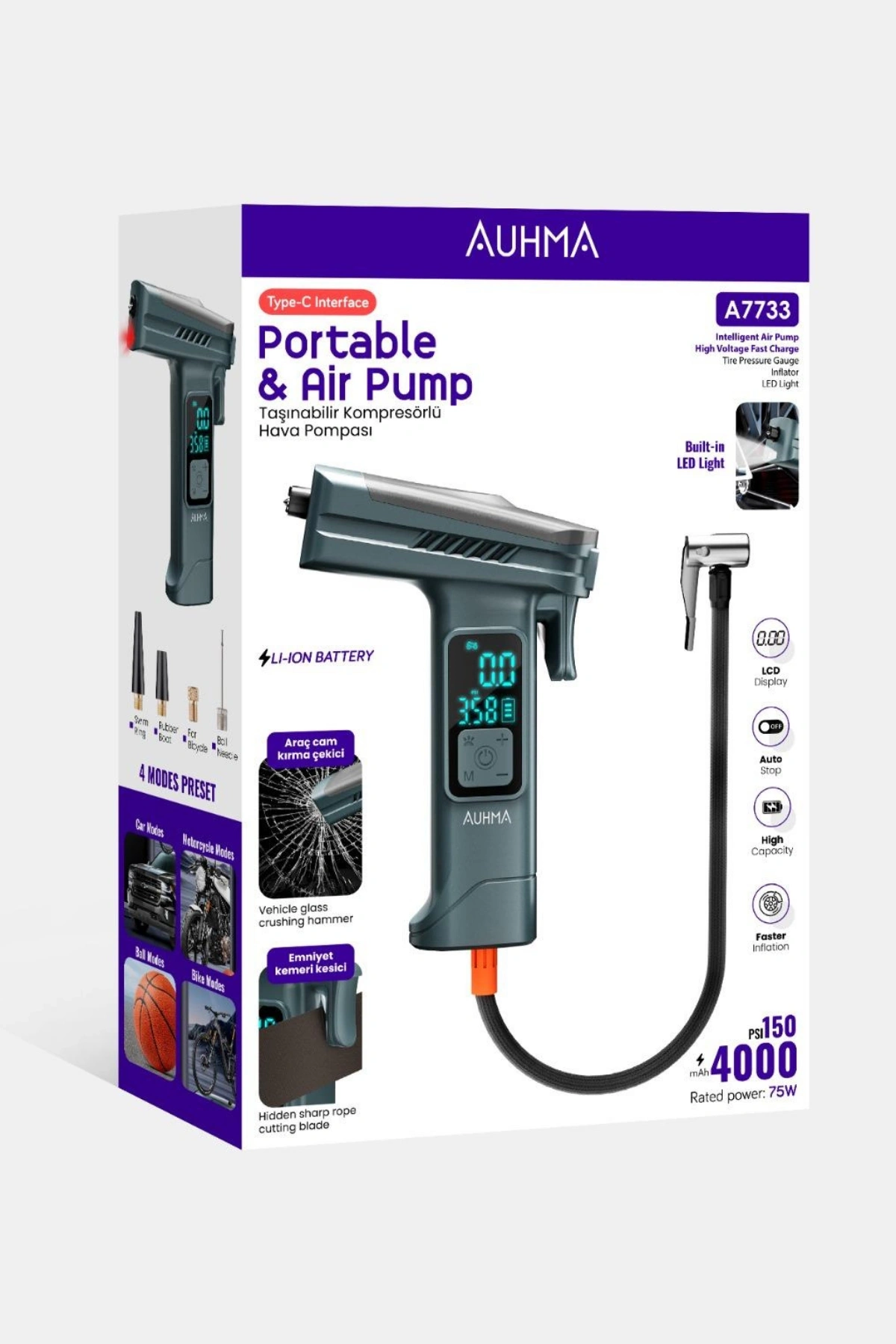 Auhma A7733 Taşınabilir Kompresörlü Hava Pompası 4000mAh|150 PSI | Dijital LCD Ekranlı