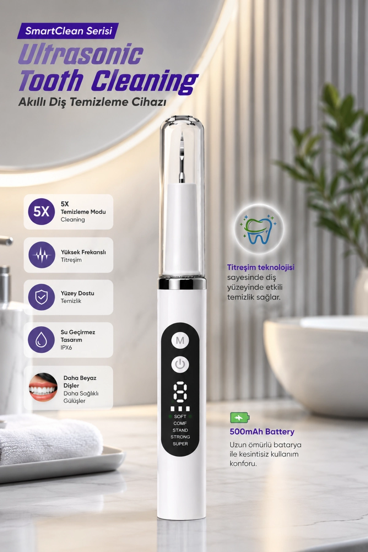 Auhma AMF12 Ultrasonik Diş Temizleme Cihazı 5 Modlu Akıllı Diş Tartarı Ve Plak Temizleyici