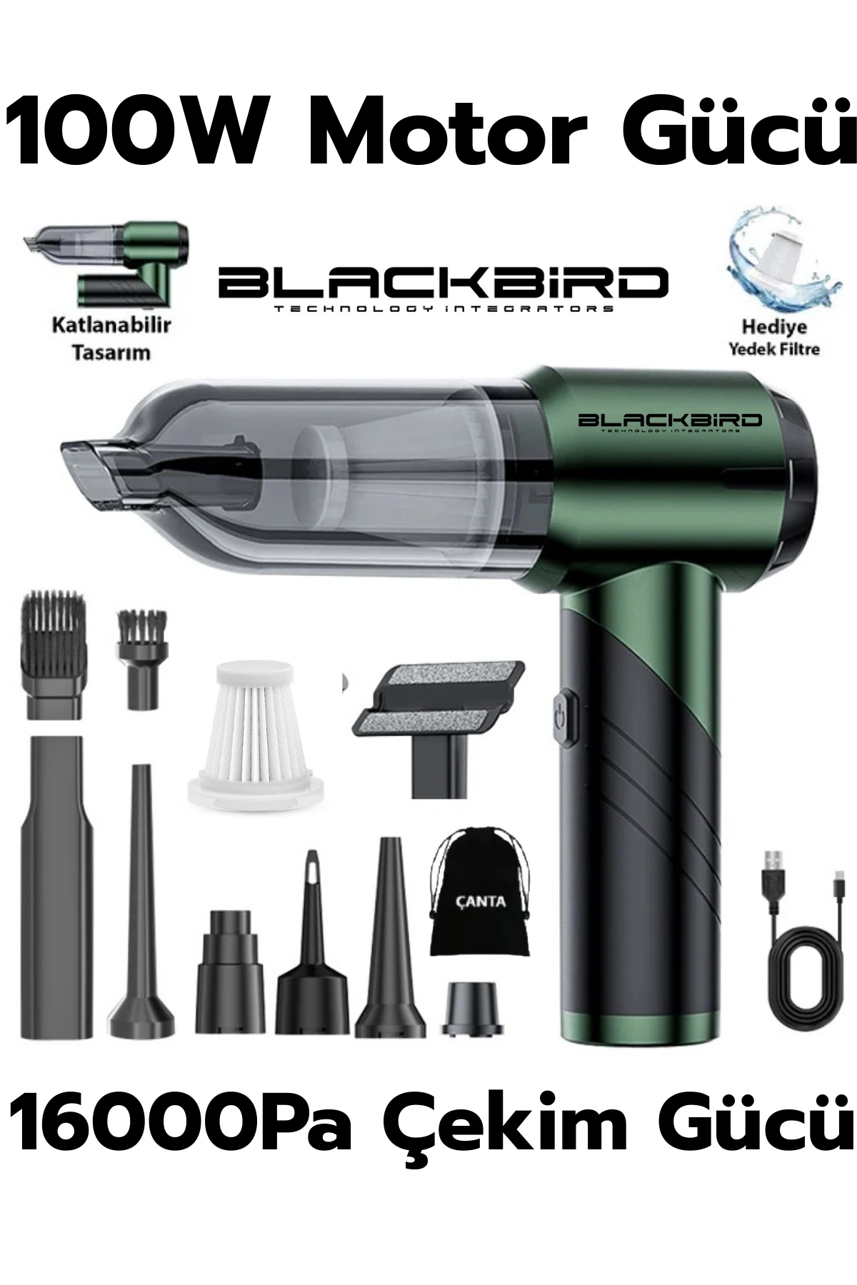 Blackbird MK-5802 16000PA Katlanabilir Kablosuz Araç Süpürgesi | 3 Kademeli Güç | Şarjlı El Süpürgesi