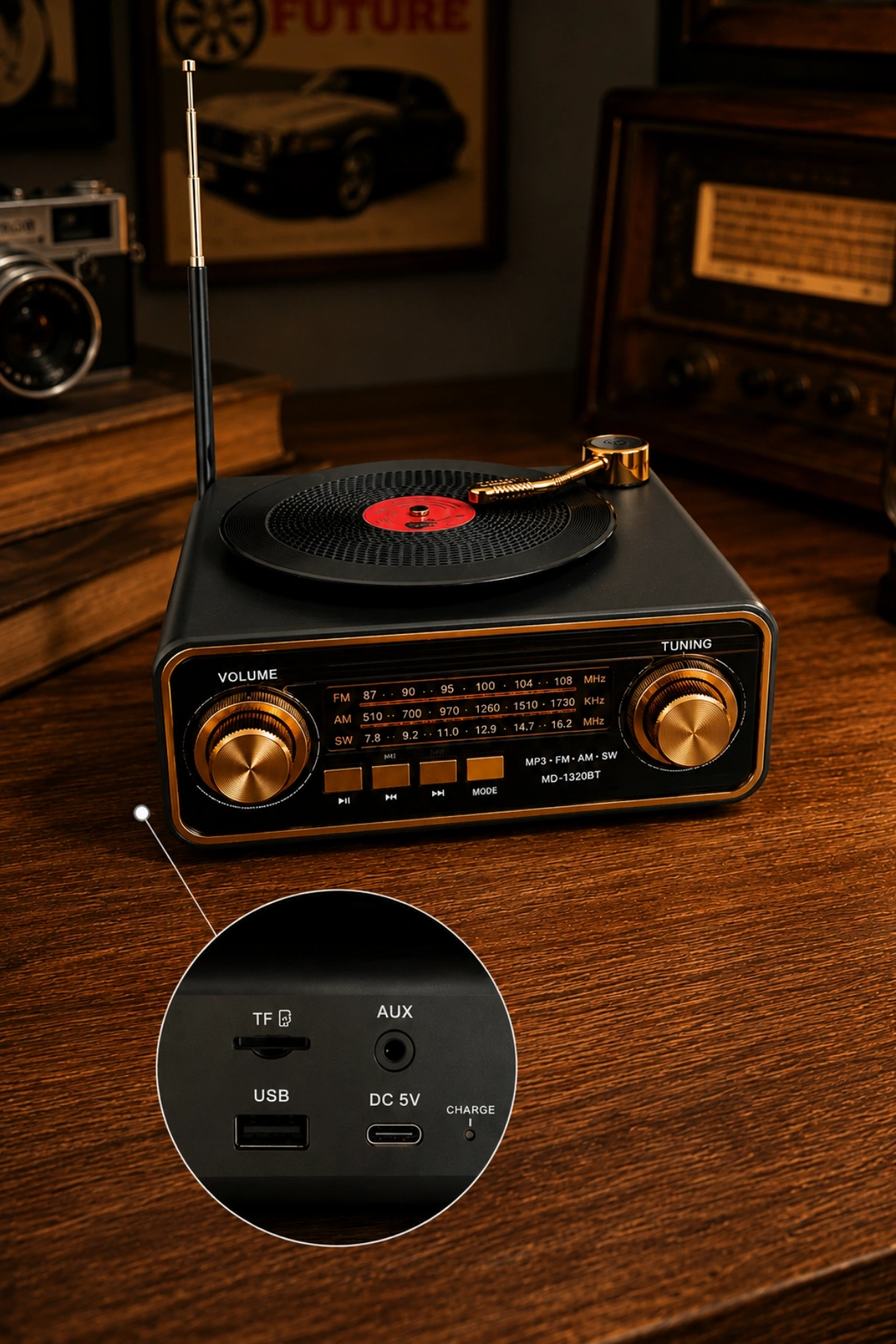 Meier MD-1320BT Siyah Nostaljik Görünümlü Bluetooth Hoparlör ve 3 Bantlı Şarjlı Radyo