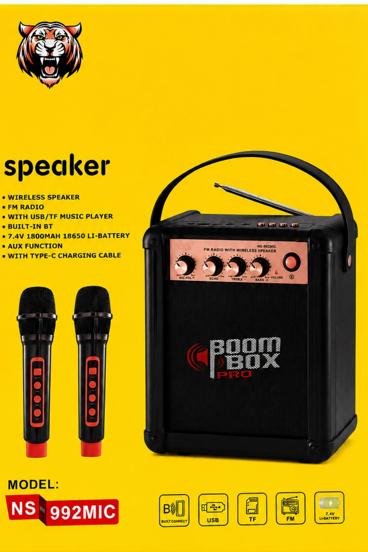 NSS NS-992MIC Boombox Pro Kablosuz Karaoke Hoparlör FM Radyo 2 Adet Mikrofon