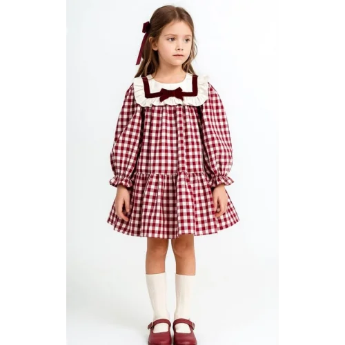 LİTTLE LUNE Kız Çocuk Kırmızı Ekose Elbise
