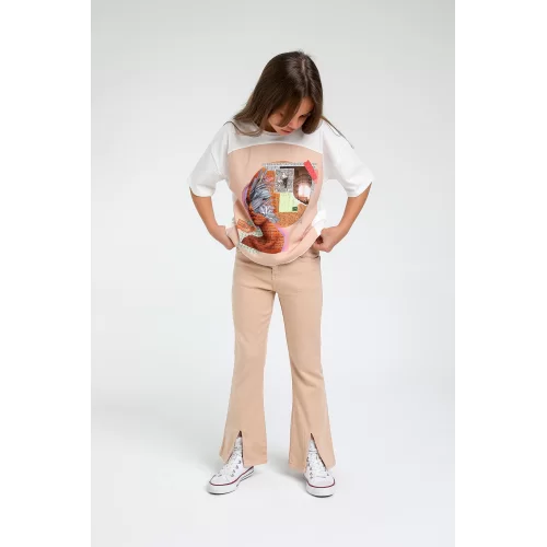 Escabel Bej Kız Çocuk Önü Yırtmaçlı Pantolon