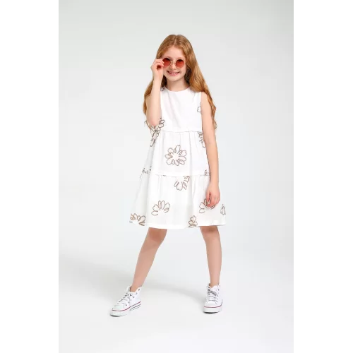Escabel Ekru Kız Çocuk Çiçekli Elbise