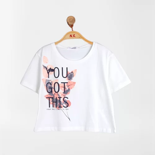 NK Kids Ekru Pudra Kız Çocuk Yazılı T-Shırt