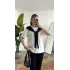 Kadın Beyaz Şal Detaylı Oversize Basic Kadın Tişört Bluz Siyah Bağlamalı Casual Model