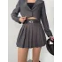 Antrasit Çizgili Astarlı Şortlu Kemerli Pileli Kışlık Mini Etek