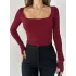 Bordo Kare Yaka Parmak Geçirmeli Uzun Kol Candy Body Bluz