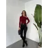 Bordo Tek Omuz Kayık Yaka Büzgülü Parmak Geçirmeli Body Bluz