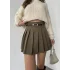Haki Astarlı Şortlu Kemerli Pileli Kışlık Mini Etek