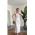 Kadın Beyaz Ajurlu Pareo Triko Plaj Elbisesi V Yaka Askılı Uzun Yazlık